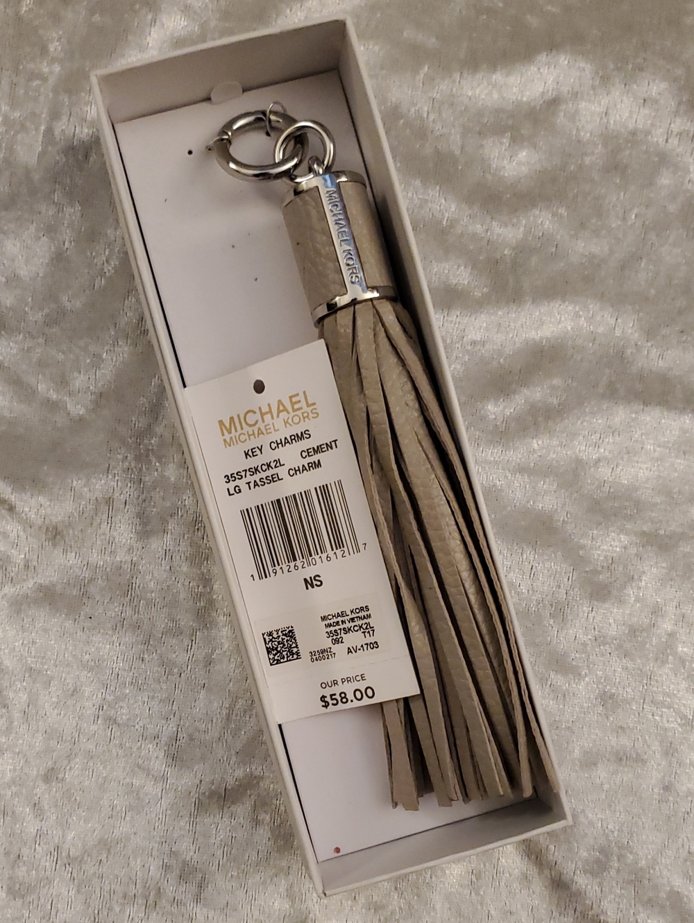 Michael Kors Cement Gray Leather Tassel Key Charm Silver Hardware New In Box